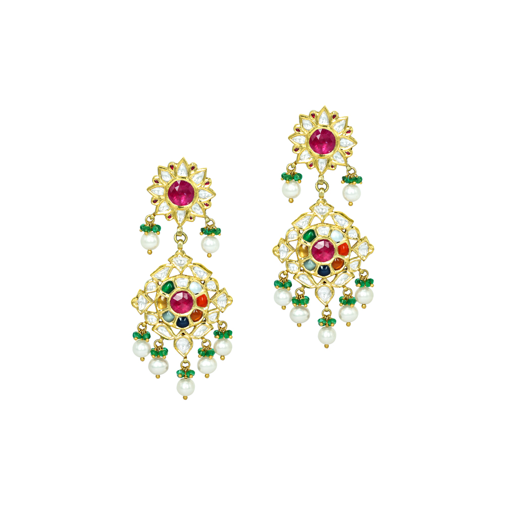 Navaratan Earrings with Polki Diamonds, Pearls, and Emerald Beads